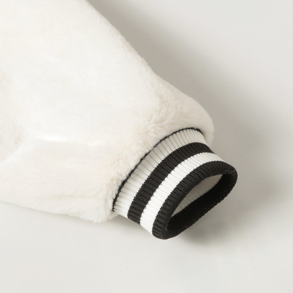 Faux Fur Cross Varsity Jacket - Black White Gothic Streetwear 035