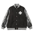 Cross Embroidered Leather Sleeve Varsity Jacket - Black Street Style 116