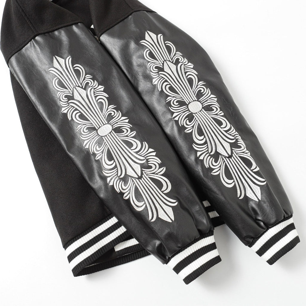 Cross Embroidered Leather Sleeve Varsity Jacket - Black Street Style 116